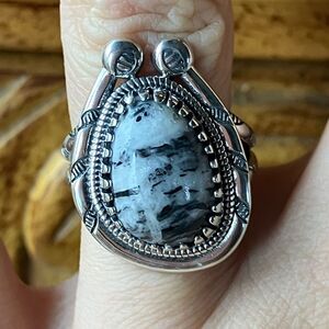 Natural White Buffalo Sterling Silver Horseshoe Ring Size 7